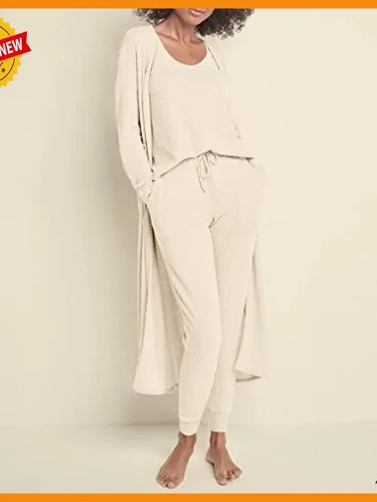 3 Piece Waffle Knit Lounge Set with Cardigan Joggers Tank Top - Picture 2 of 6